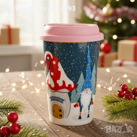 Порцеланова Коледна чаша със силиконов капак, снимка 3 - Чаши - 52508626