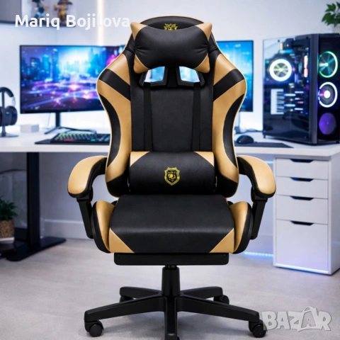 Геймърски стол с масажна функция, лумбална възглавница и поставка за крака – Черен-златист