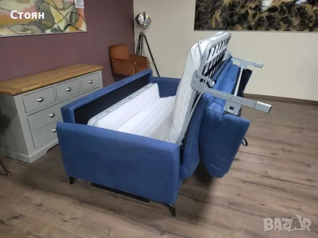 Дизайнерски син диван от плат тройка с функция сън, снимка 11 - Дивани и мека мебел - 47709912