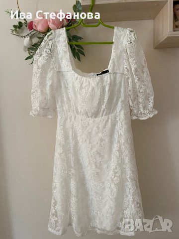 Нова кокетна кукленска елегантна буфан ръкав бяла дантела бяла дантелена  рокля , снимка 2 - Рокли - 41943627