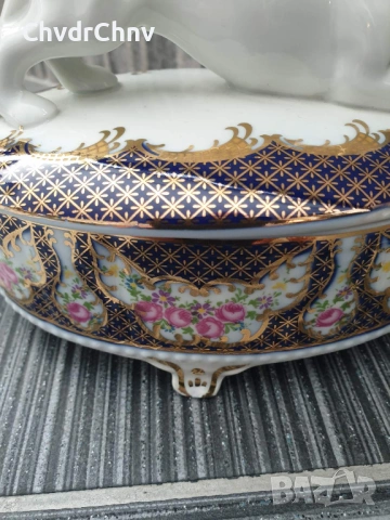 Имперска Русия бижутерка 16см/фигурална стара руска порцеланова кутия за бижута/тигър-пума, снимка 5 - Антикварни и старинни предмети - 53506328