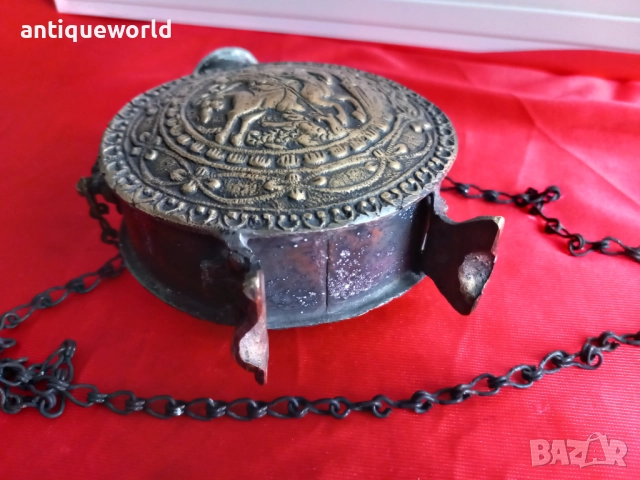 19Век Стара Бронзова Барутница,Барутник Свети Георги , снимка 4 - Антикварни и старинни предмети - 52569432