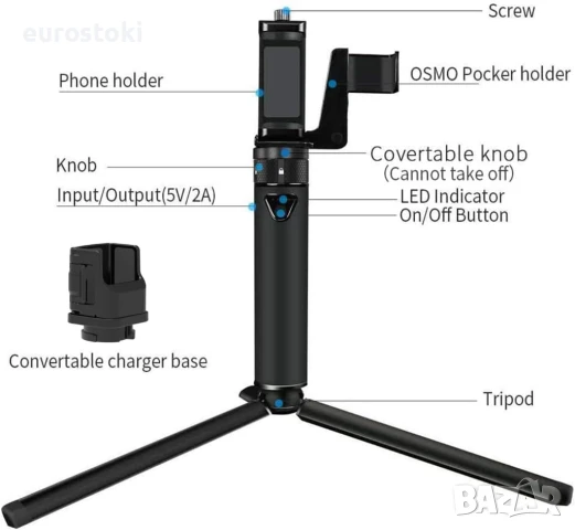 Smatree DP20S преносима външна батерия 5000 mAh, за DJI Osmo Pocket 2/Pocket 1, ръчен държач за смар, снимка 7 - Селфи стикове, аксесоари - 51097198