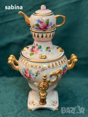 Нов комплект порцеланов самовар и захарница Гжель/Гжел, снимка 8 - Антикварни и старинни предмети - 52860180