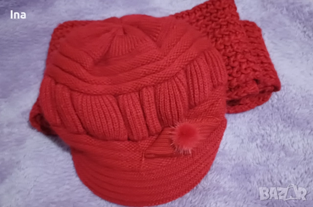 Топли шал и баретка червени, снимка 6 - Шапки - 52427642