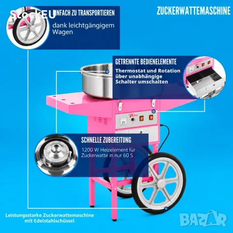 Машина за захарен памук Royal 1200W 52см Електрическа Професионална  Количка, снимка 9 - Друго търговско оборудване - 56008525