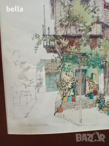 Стар  акварел с паспарту ,смесена техника на Владимир Мански, снимка 7 - Антикварни и старинни предмети - 51428871