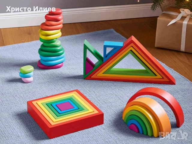 Дървен конструктор Пъзел Квадрати за подреждане за сръчност Монтесори, снимка 2 - Образователни игри - 47593020