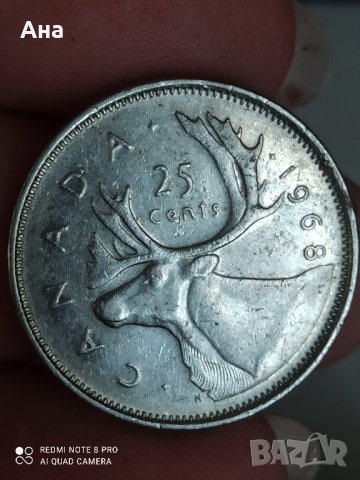25 цента сребро 1968 г Канада

, снимка 2 - Нумизматика и бонистика - 41608866