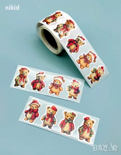 50 бр коледно мече мечета коледни самозалепващи лепенки стикери за ръчна изработка за подарък, снимка 1