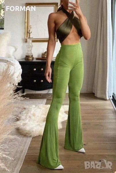 УНИКАЛЕН зелен летен панталон с ластик в талията - чарлстон , снимка 1