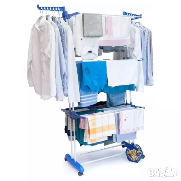Голям Сушилник за дрехи - сгъваеми 3 нива и 2 закачалки, Стоманени тръби, На колелца, снимка 1
