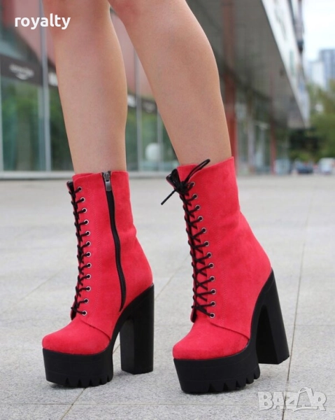 Боти на ток - червен велур с черно ходило, снимка 1