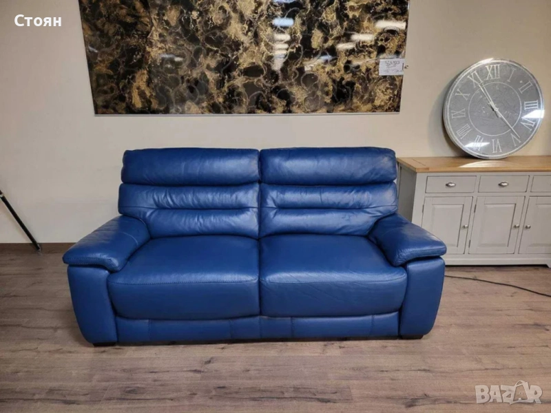 Син кожен диван тройка - 100 % естествена кожа, снимка 1