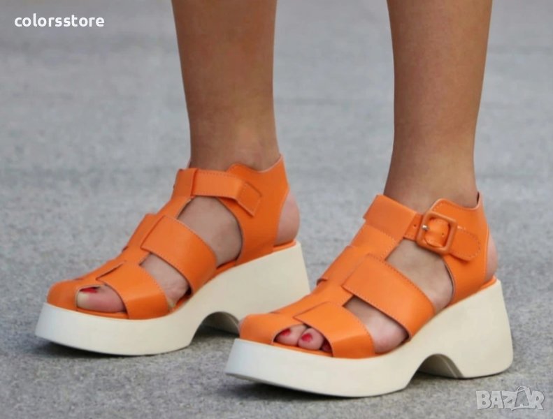 Сандали на платформа - оранжева кожа с бежово ходило - 650-MN, снимка 1