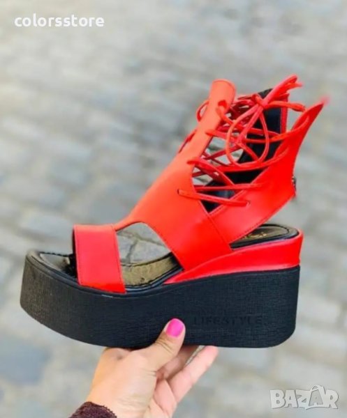 Сандали на платформа - червена кожа с черно ходило - 3420, снимка 1
