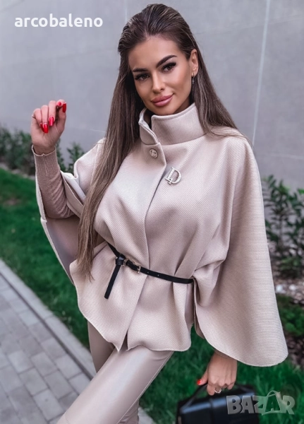 Дамско елегантно бежово пончо с колан , снимка 1