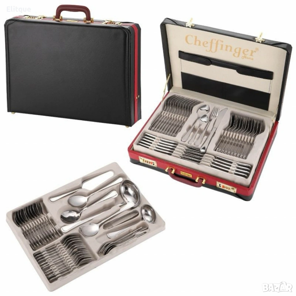 Луксозен комплект прибори Cheffinger – 72 части със сребърно/златно покритие и куфар за съхранение, снимка 1