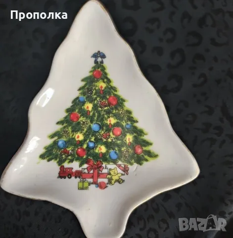 Ретро Коледен комплект, 4 части - кошничка и чинийки с елхички, снимка 6 - Чинии - 48070414