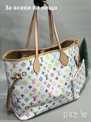 Louis Vuitton Дамска Бяла Чанта Тип Тоут С Цветен Монограм И Портмоне Код SK2126