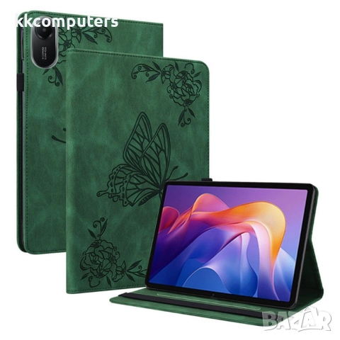 Xiaomi Redmi Pad 2 -Кожен калъф с Протектор, Дизайн Пеперуда/ Цвете, Стойка и Държач за писалка (Зел, снимка 2 - Калъфи, кейсове - 52116974