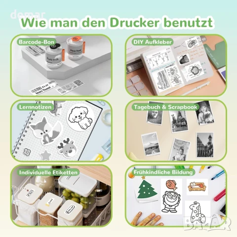 DOLEWA LX-D3 Мини преносим термопринтер с 8 ролки стикери, съвместим с iOS и Android, розов, снимка 6 - Принтери, копири, скенери - 50965425