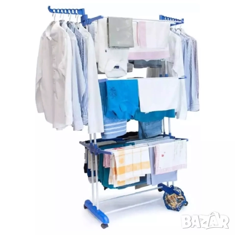 Голям Сушилник за дрехи - сгъваеми 3 нива и 2 закачалки, Стоманени тръби, На колелца