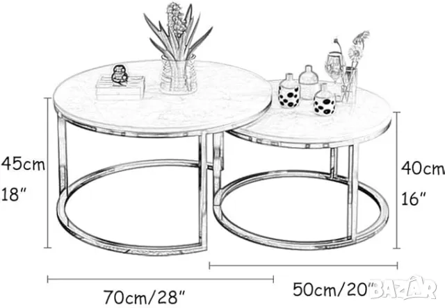 Кръгла МАСА масичка за кафе чай 2 броя Вградена странична ЧЕРНА БЯЛА, снимка 4 - Маси - 48668858