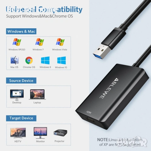 ABLEWE USB към HDMI адаптер, снимка 2 - Друга електроника - 53236463