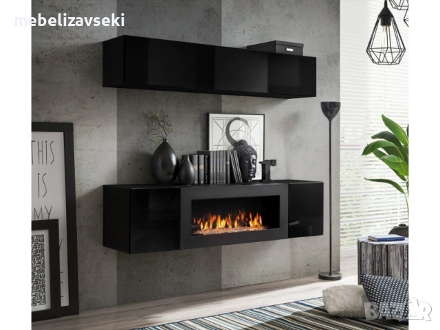 Нова! Модулна секция с камина FLY N1 (черен гланц/черно)