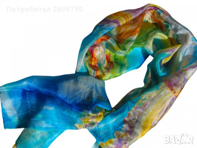 Копринен шал с градски мотиви на Мелницата в Несебър / Silk Scarf with urban motifs of the Mill in N, снимка 2 - Шалове - 34755535