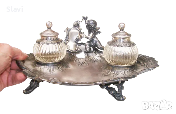 Антикварна мастилница-Antique Silver Plated Ink Well Stand