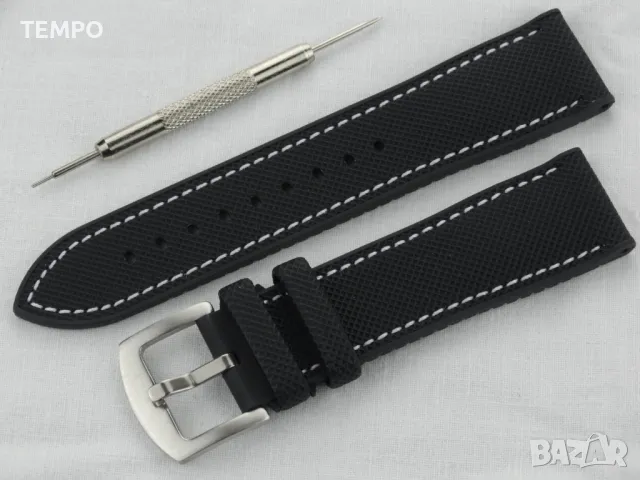 СИЛИКОНОВА КАИШКА ЧЕРНА С БЯЛ ШЕВ- 20мм + ПОДАРЪК, снимка 4 - Каишки за часовници - 48451392