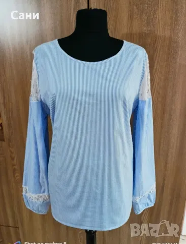 Карирана блуза с дантела на ръкавите , снимка 3 - Блузи с дълъг ръкав и пуловери - 49780017