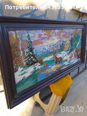 Продавам ръчно тъкан гоблен стадо елени на водопой през зимата.., снимка 2 - Гоблени - 39701737