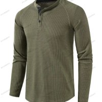 Мъжка едноцветна вафлена тениска с дълъг ръкав Henley, 8цвята - 023, снимка 4 - Тениски - 42069624