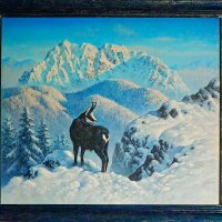 Зимен планински пейзаж с дива коза, картина , снимка 1 - Картини - 32451591
