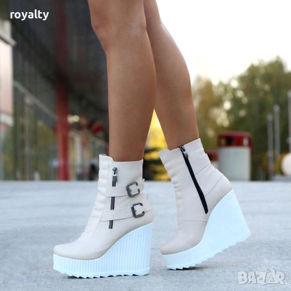 Боти на платформа - бежова кожа с бяло ходило, снимка 1