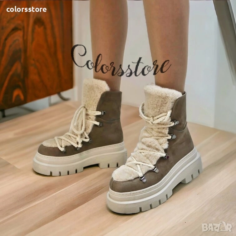 Боти на платформа - кафяв велур с бежов пух - BPUH1, снимка 1