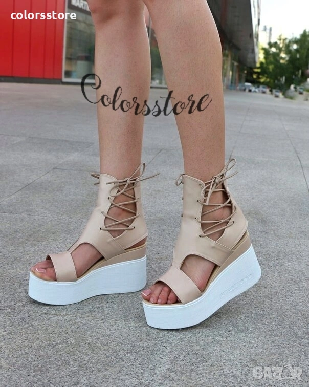 Сандали на платформа - бежова кожа с бяло ходило - 3420 , снимка 1