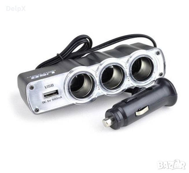 Автомобилен разклонител WF-0120, 3 гнезда за запалка(ж), USB, 5A, 0,5m, снимка 1