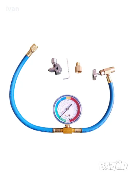 комплект за зареждане на хладилен агент R134A, с манометър, син, 50 см, снимка 1