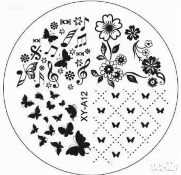 XY-A12 ноти пеперуди цветя кръгла плочка / щампа шаблон за печат на нокти маникюр, снимка 1