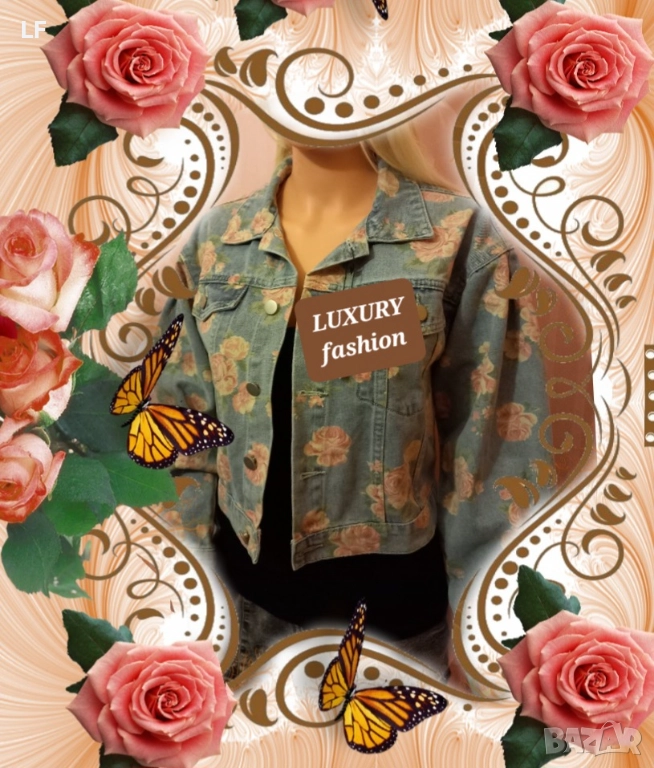 Дънково яке с  принт рози, снимка 1