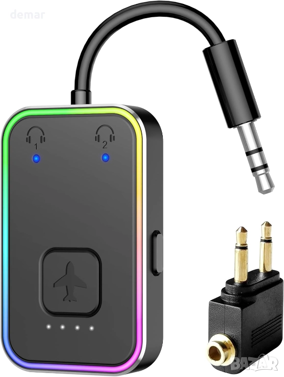 Bluetooth 5.4 адаптер за самолет за слушалки и слушалки-тапи, aptX LL, Dual-Link, с 3.5 мм жак, снимка 1