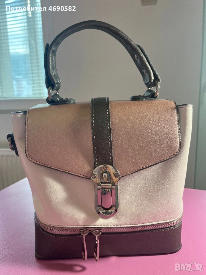 Чанта от естествена кожа в бяло, розово и сиво, снимка 1