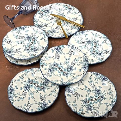 Порцеланов сервиз за торта от 7 части със сини цветя