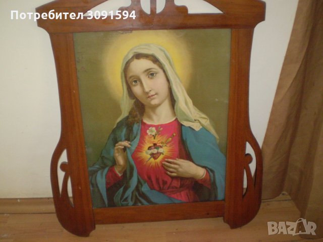 Винтич голяма  Икона рисувана на стъкло В стара Дървена рамка , снимка 2 - Антикварни и старинни предмети - 34687303