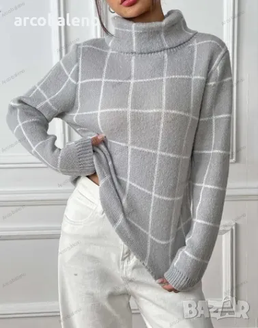 Дамски контрастен кариран пуловер с висока яка, 4цвята , снимка 4 - Блузи с дълъг ръкав и пуловери - 47979369