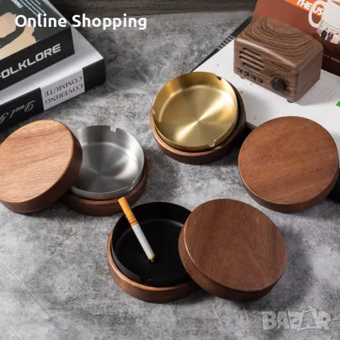 Дървен пепелник с капак, от стомана и дърво, златист, сребрист и черен, снимка 2 - Други стоки за дома - 50393298